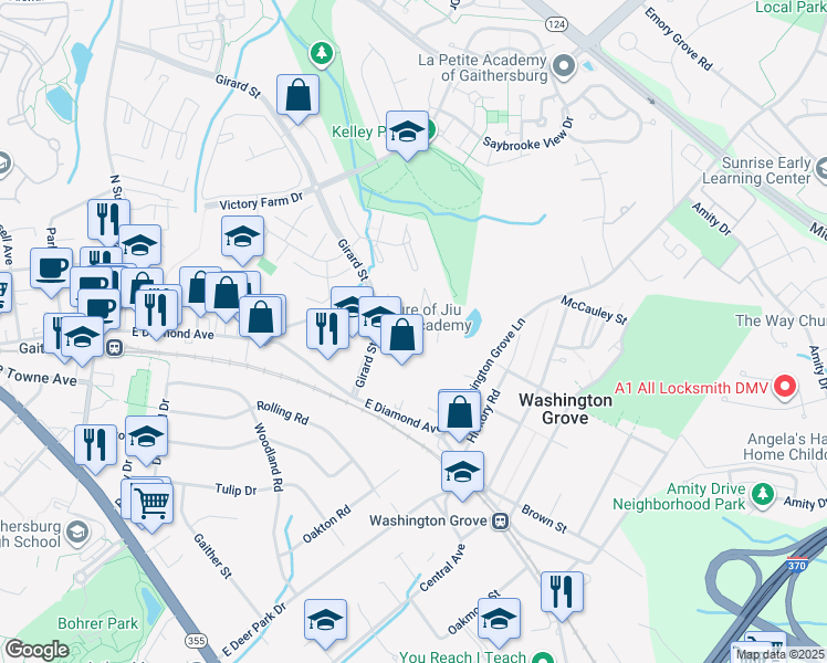 map of restaurants, bars, coffee shops, grocery stores, and more near 46 Michael Court in Gaithersburg
