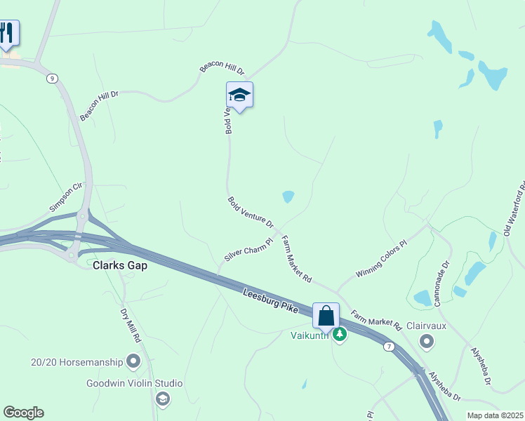 map of restaurants, bars, coffee shops, grocery stores, and more near 17170 Bold Venture Drive in Leesburg