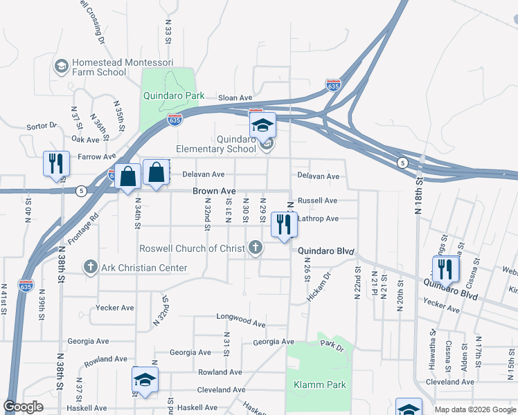 map of restaurants, bars, coffee shops, grocery stores, and more near 3063 North 29 Street in Kansas City
