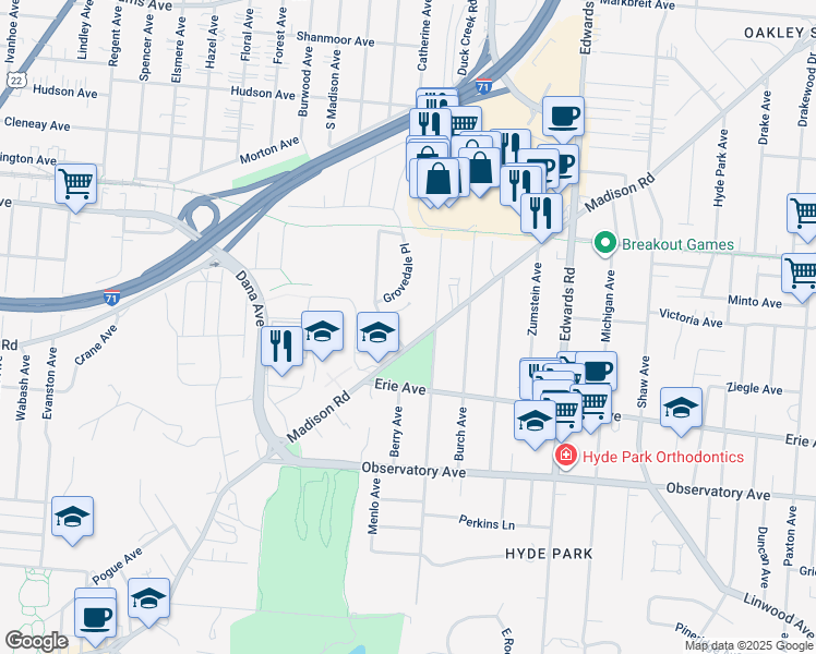 map of restaurants, bars, coffee shops, grocery stores, and more near 2558 Madison Road in Cincinnati
