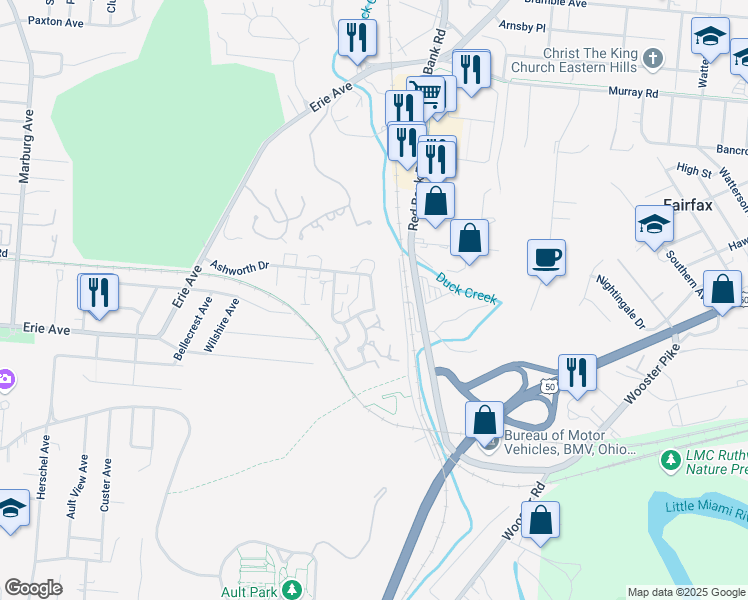 map of restaurants, bars, coffee shops, grocery stores, and more near 3438 Traskwood Circle in Cincinnati