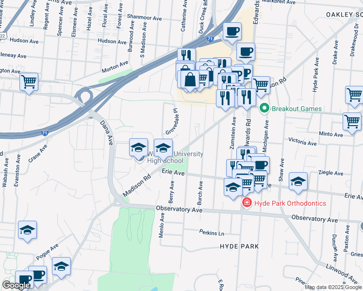 map of restaurants, bars, coffee shops, grocery stores, and more near 2560 Madison Road in Cincinnati