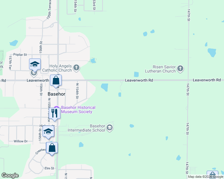 map of restaurants, bars, coffee shops, grocery stores, and more near 15149 Leavenworth Road in Basehor
