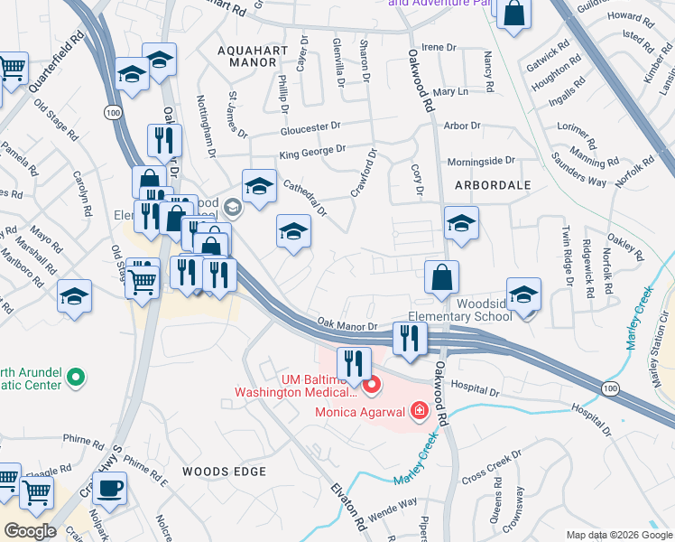 map of restaurants, bars, coffee shops, grocery stores, and more near 285 Maxo Court in Glen Burnie