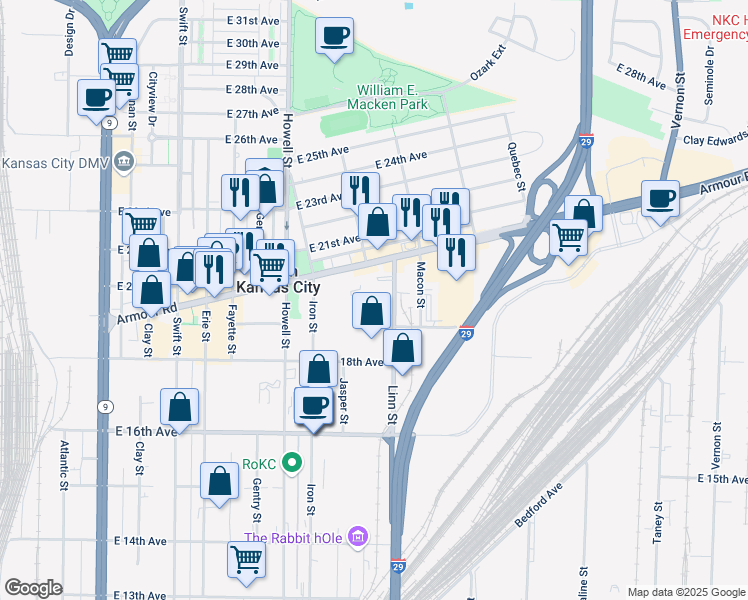 map of restaurants, bars, coffee shops, grocery stores, and more near 1968 Linn Street in North Kansas City