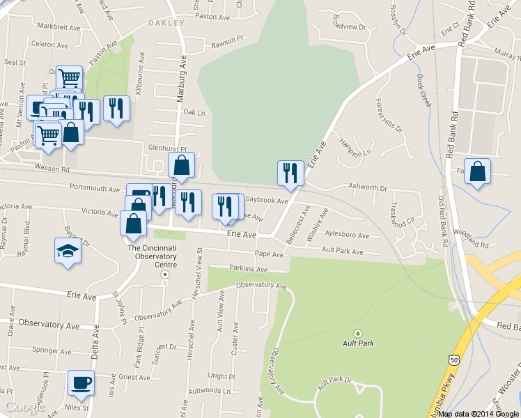 map of restaurants, bars, coffee shops, grocery stores, and more near 3575 Saybrook Avenue in Cincinnati