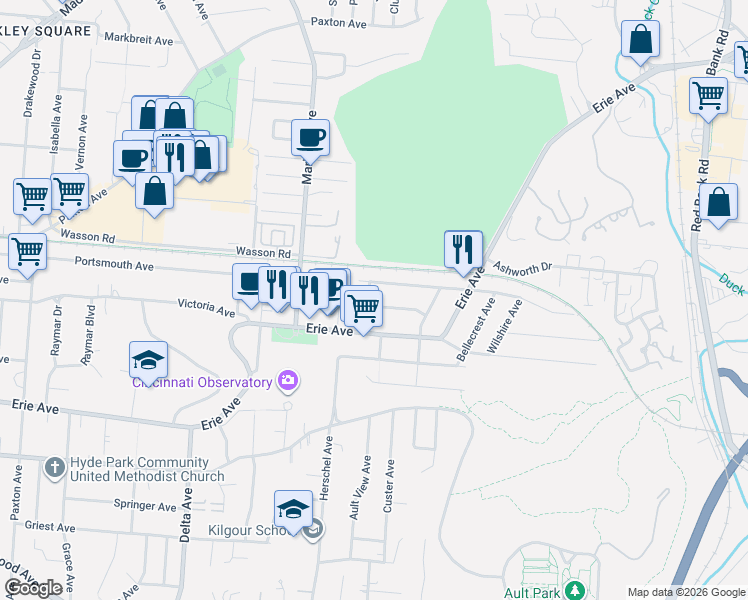 map of restaurants, bars, coffee shops, grocery stores, and more near 3511 Saybrook Avenue in Cincinnati