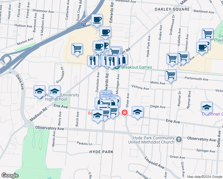 map of restaurants, bars, coffee shops, grocery stores, and more near 2710 Griffiths Avenue in Cincinnati