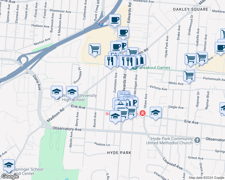map of restaurants, bars, coffee shops, grocery stores, and more near 3578 Zumstein Avenue in Cincinnati
