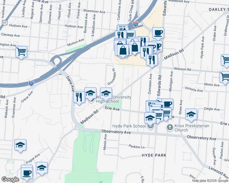 map of restaurants, bars, coffee shops, grocery stores, and more near 3624 Kendall Avenue in Cincinnati