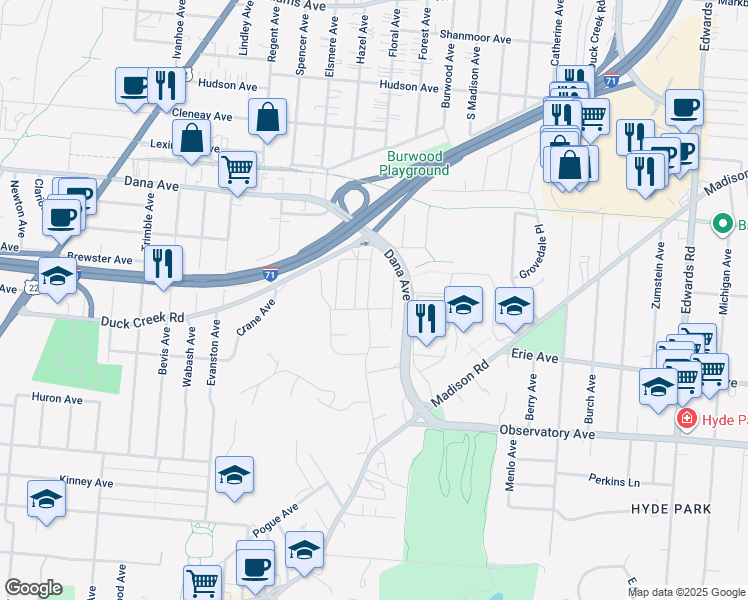 map of restaurants, bars, coffee shops, grocery stores, and more near 3553 Larkspur Avenue in Cincinnati