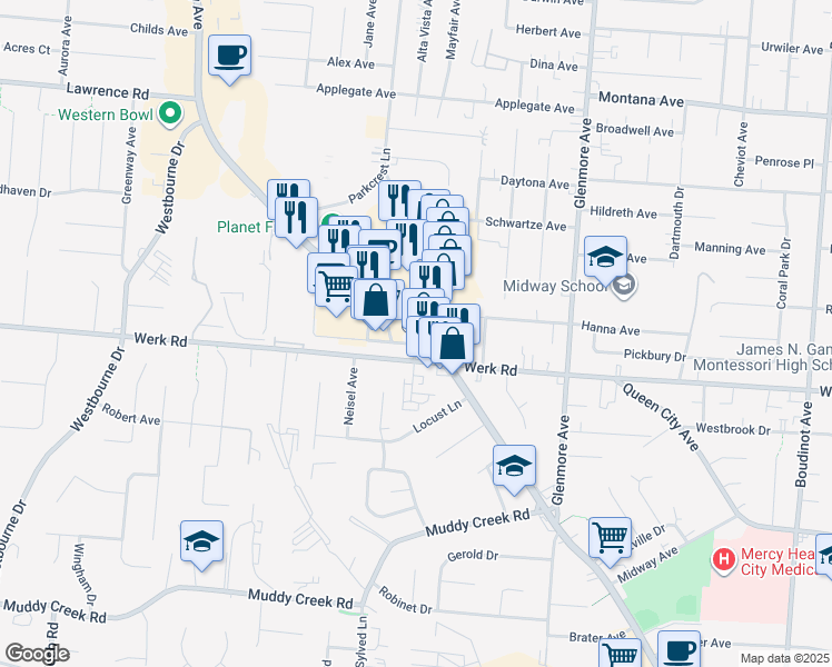 map of restaurants, bars, coffee shops, grocery stores, and more near 6092 Glenway Ave in Cincinnati