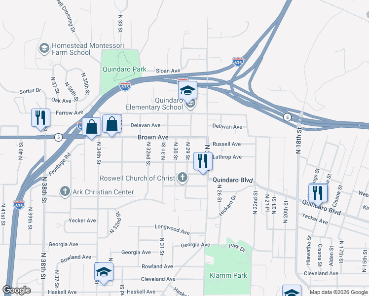 map of restaurants, bars, coffee shops, grocery stores, and more near 3063 North 29 Street in Kansas City