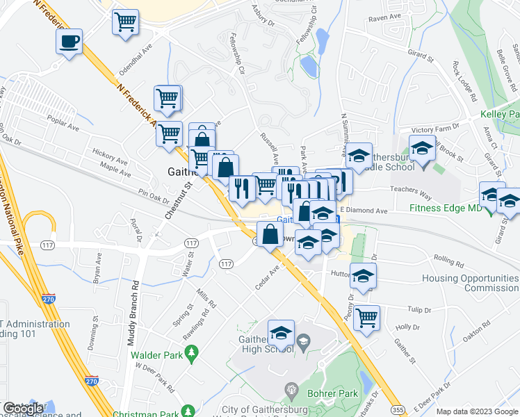 map of restaurants, bars, coffee shops, grocery stores, and more near 12 East Diamond Avenue in Gaithersburg