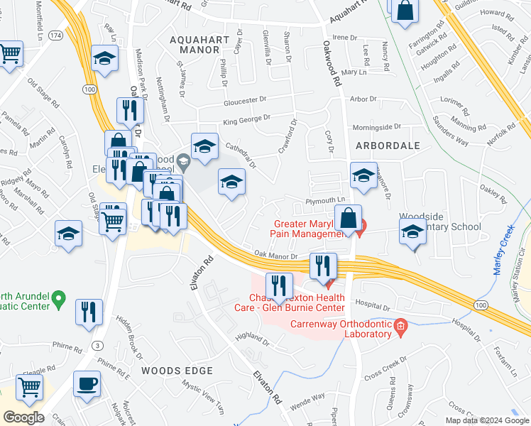 map of restaurants, bars, coffee shops, grocery stores, and more near 275 Maxo Court in Glen Burnie