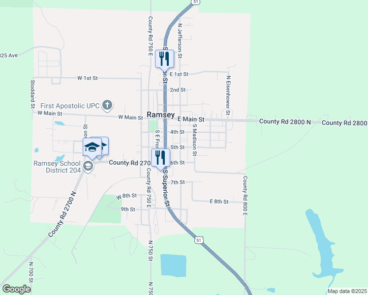 map of restaurants, bars, coffee shops, grocery stores, and more near 225 5th Street in Ramsey
