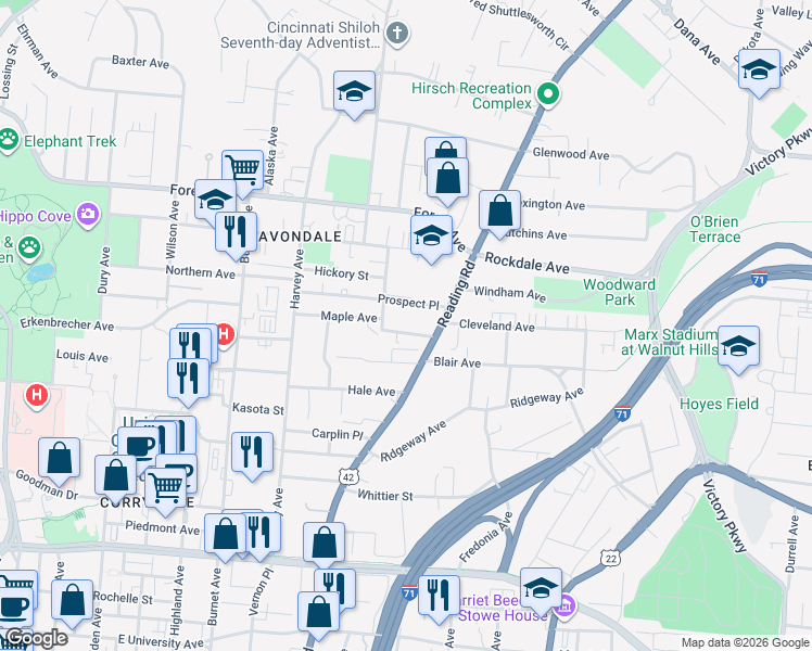 map of restaurants, bars, coffee shops, grocery stores, and more near 616 Maple Avenue in Cincinnati
