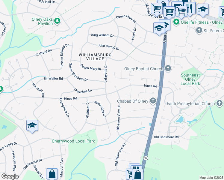 map of restaurants, bars, coffee shops, grocery stores, and more near 17402 Blossom View Drive in Olney