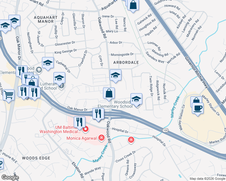 map of restaurants, bars, coffee shops, grocery stores, and more near 782 Oakwood Road in Glen Burnie