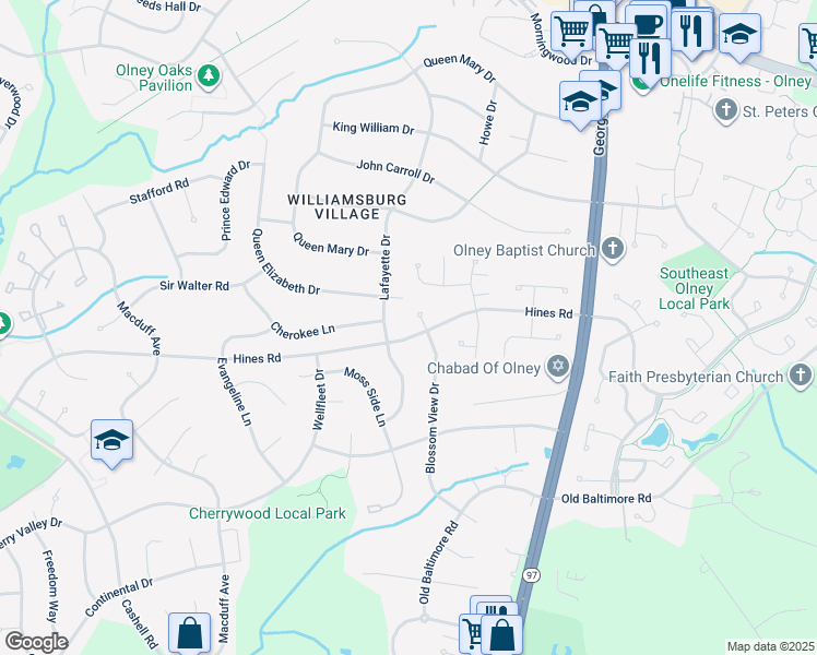 map of restaurants, bars, coffee shops, grocery stores, and more near 17402 Blossom View Drive in Olney