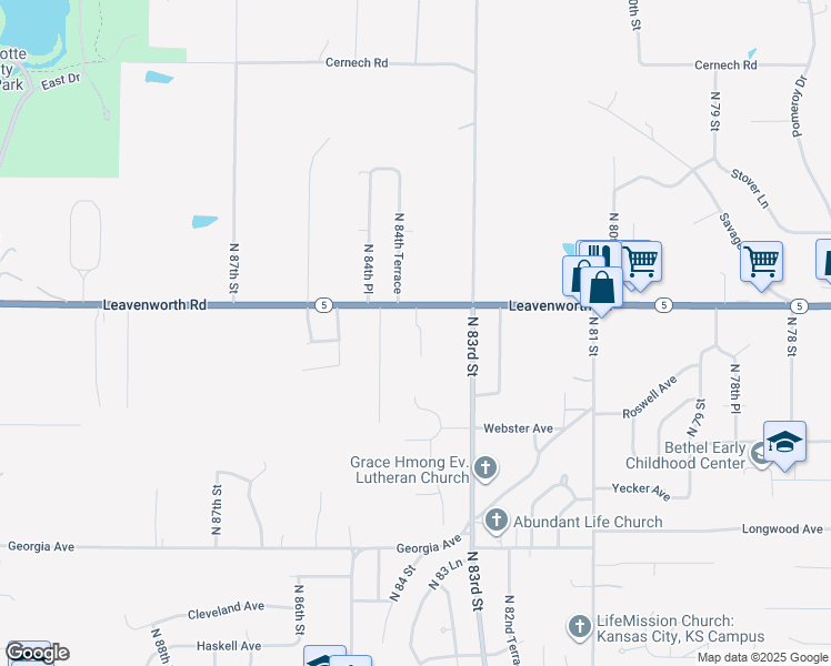 map of restaurants, bars, coffee shops, grocery stores, and more near 8375 Leavenworth Road in Kansas City