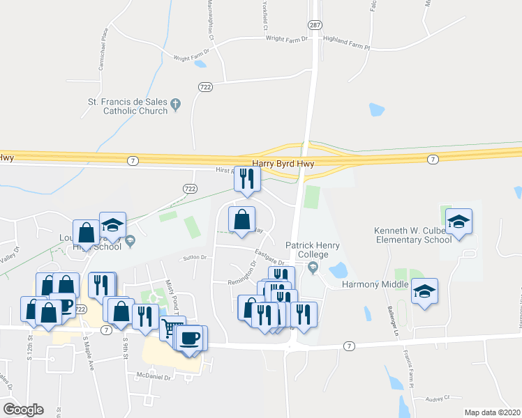map of restaurants, bars, coffee shops, grocery stores, and more near 17220 Pickwick Drive in Purcellville