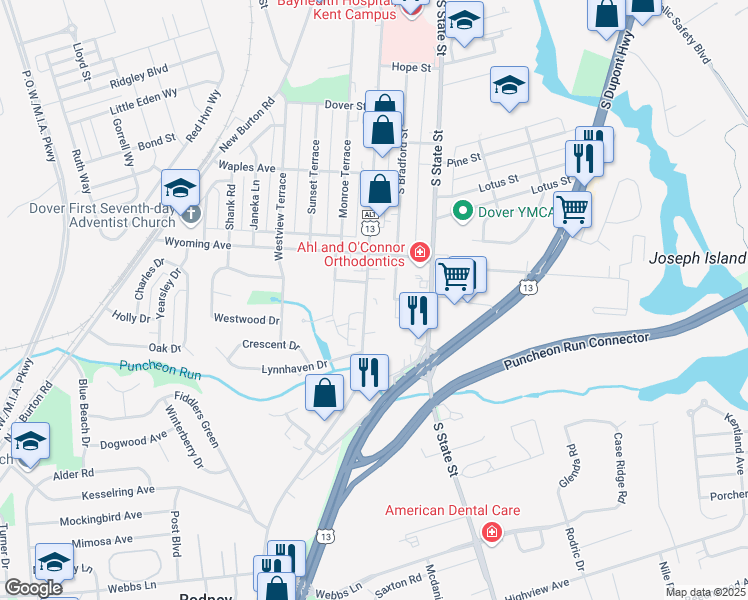 map of restaurants, bars, coffee shops, grocery stores, and more near 1025 South Governors Avenue in Dover