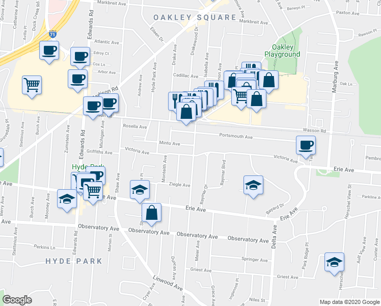 map of restaurants, bars, coffee shops, grocery stores, and more near in Cincinnati