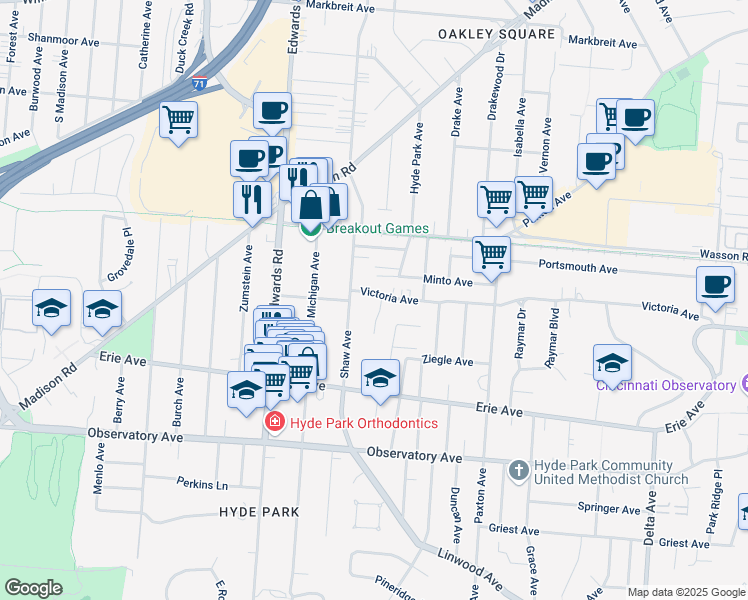 map of restaurants, bars, coffee shops, grocery stores, and more near 3606 Shaw Avenue in Cincinnati