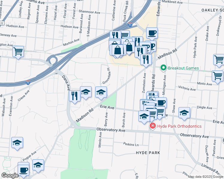 map of restaurants, bars, coffee shops, grocery stores, and more near 2570 Madison Road in Cincinnati