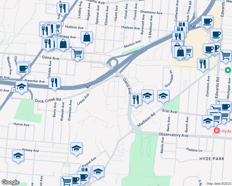 map of restaurants, bars, coffee shops, grocery stores, and more near 3555 Potomac Avenue in Cincinnati