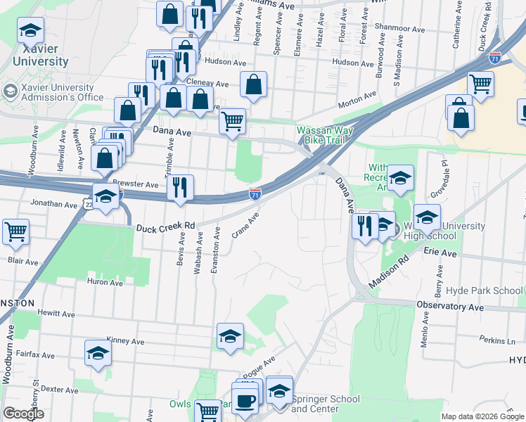 map of restaurants, bars, coffee shops, grocery stores, and more near 2231 Crane Avenue in Cincinnati