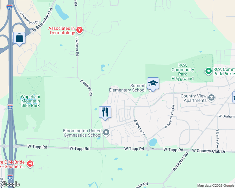 map of restaurants, bars, coffee shops, grocery stores, and more near 1900 South Weimer Road in Bloomington