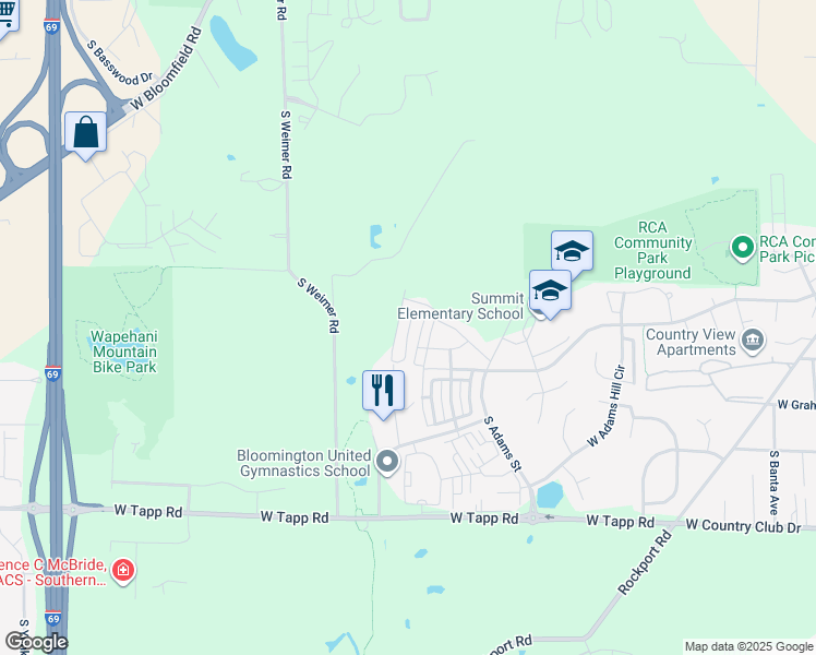 map of restaurants, bars, coffee shops, grocery stores, and more near 1900 South Weimer Road in Bloomington