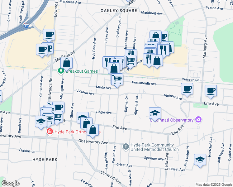 map of restaurants, bars, coffee shops, grocery stores, and more near in Cincinnati