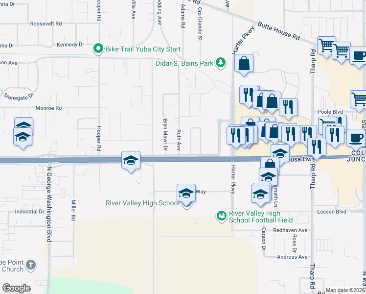 map of restaurants, bars, coffee shops, grocery stores, and more near 1036 Ruth Avenue in Yuba City