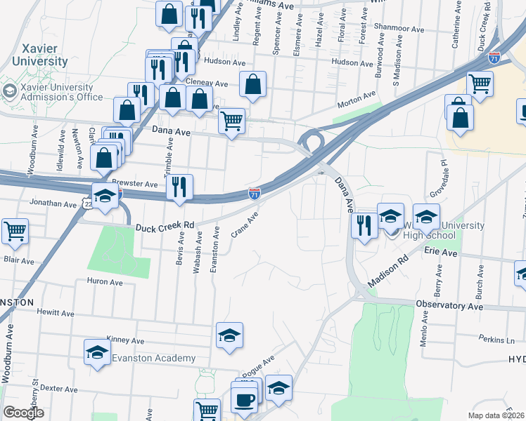 map of restaurants, bars, coffee shops, grocery stores, and more near 2231 Crane Avenue in Cincinnati