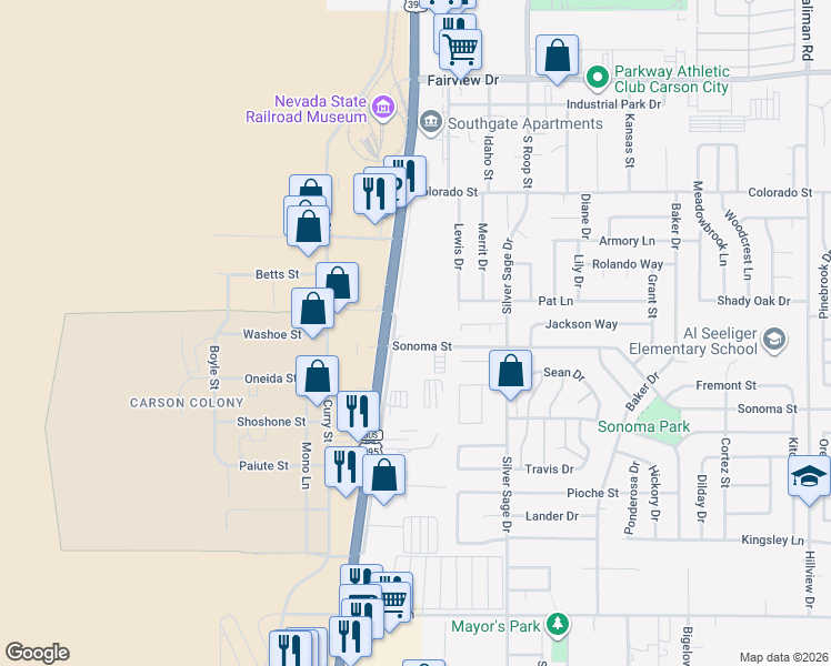 map of restaurants, bars, coffee shops, grocery stores, and more near 2749 South Carson Street in Carson City