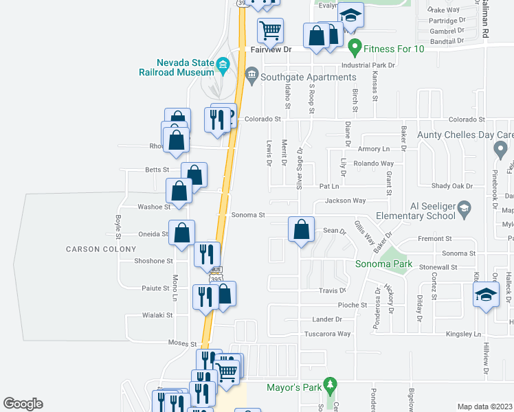 map of restaurants, bars, coffee shops, grocery stores, and more near 172 Sonoma Street in Carson City