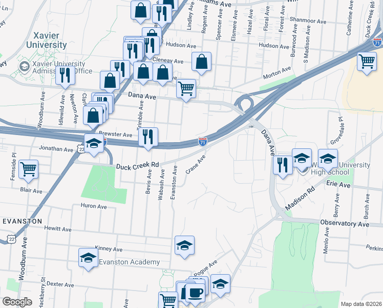 map of restaurants, bars, coffee shops, grocery stores, and more near 2174 Duck Creek Road in Cincinnati