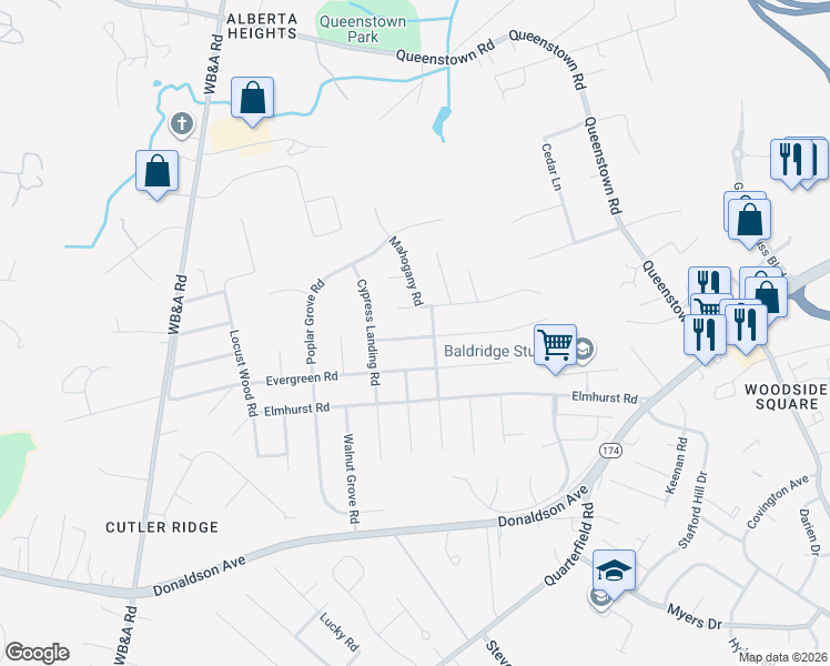 map of restaurants, bars, coffee shops, grocery stores, and more near 766 Rosewood Road in Severn