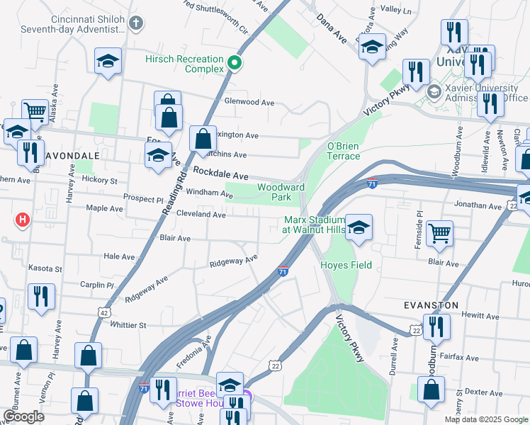 map of restaurants, bars, coffee shops, grocery stores, and more near 970 Cleveland Avenue in Cincinnati