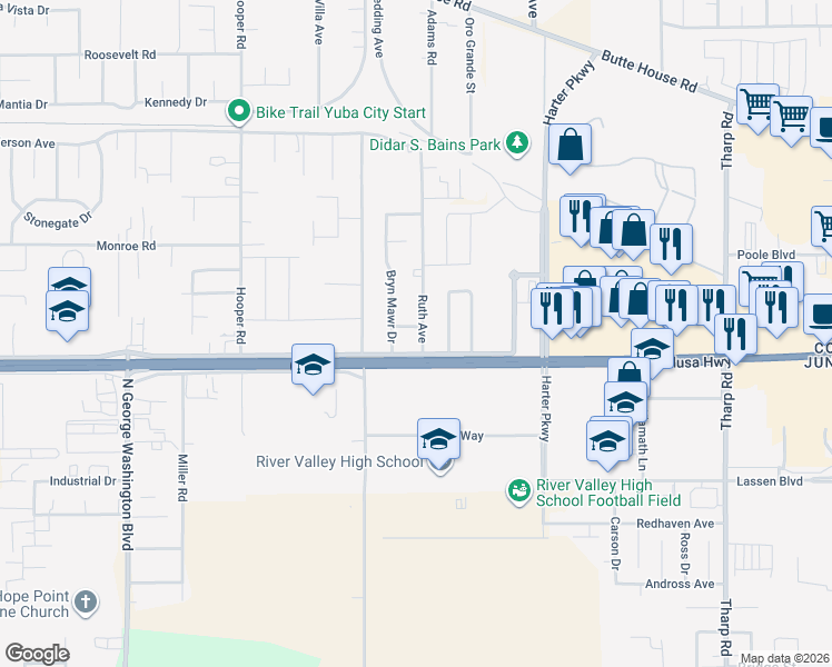 map of restaurants, bars, coffee shops, grocery stores, and more near 1036 Ruth Avenue in Yuba City
