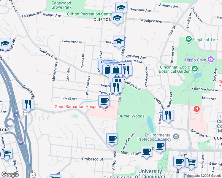 map of restaurants, bars, coffee shops, grocery stores, and more near 319 Howell Avenue in Cincinnati