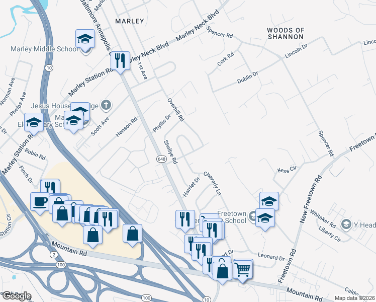 map of restaurants, bars, coffee shops, grocery stores, and more near 16 Kempton Road in Glen Burnie