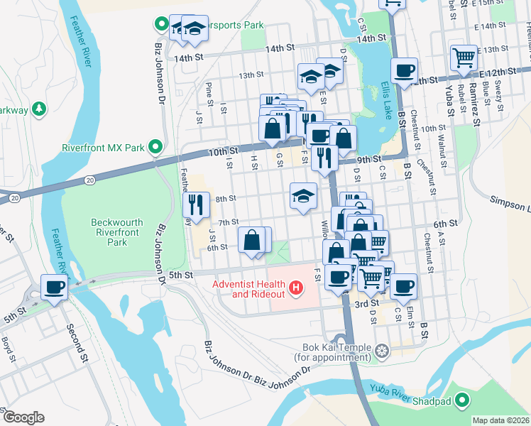 map of restaurants, bars, coffee shops, grocery stores, and more near 706 G Street in Marysville