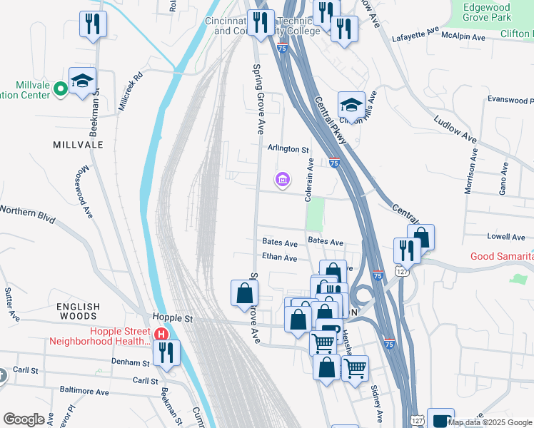 map of restaurants, bars, coffee shops, grocery stores, and more near 3242 Spring Grove Avenue in Cincinnati