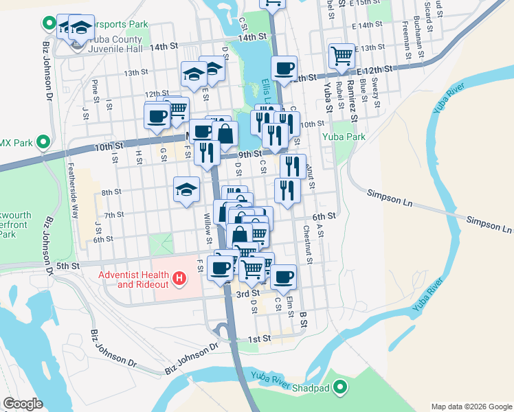 map of restaurants, bars, coffee shops, grocery stores, and more near 314 Oak Street in Marysville