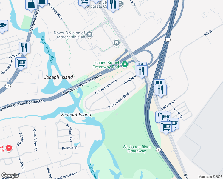 map of restaurants, bars, coffee shops, grocery stores, and more near 161 President Drive in Dover