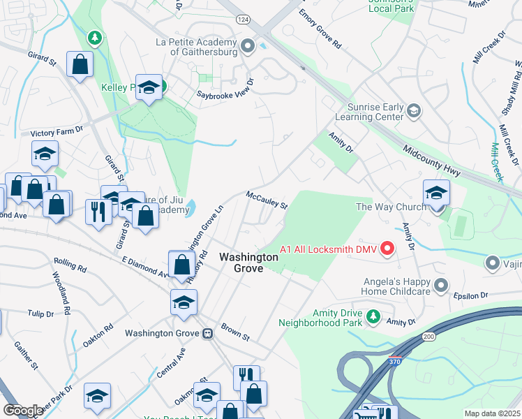 map of restaurants, bars, coffee shops, grocery stores, and more near 413 Grove Avenue in Washington Grove